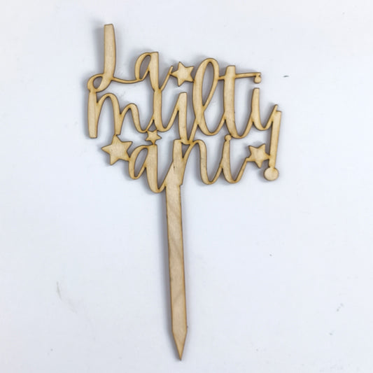 Topper Floral „La mulți ani!” din lemn și Tijă Scurtă