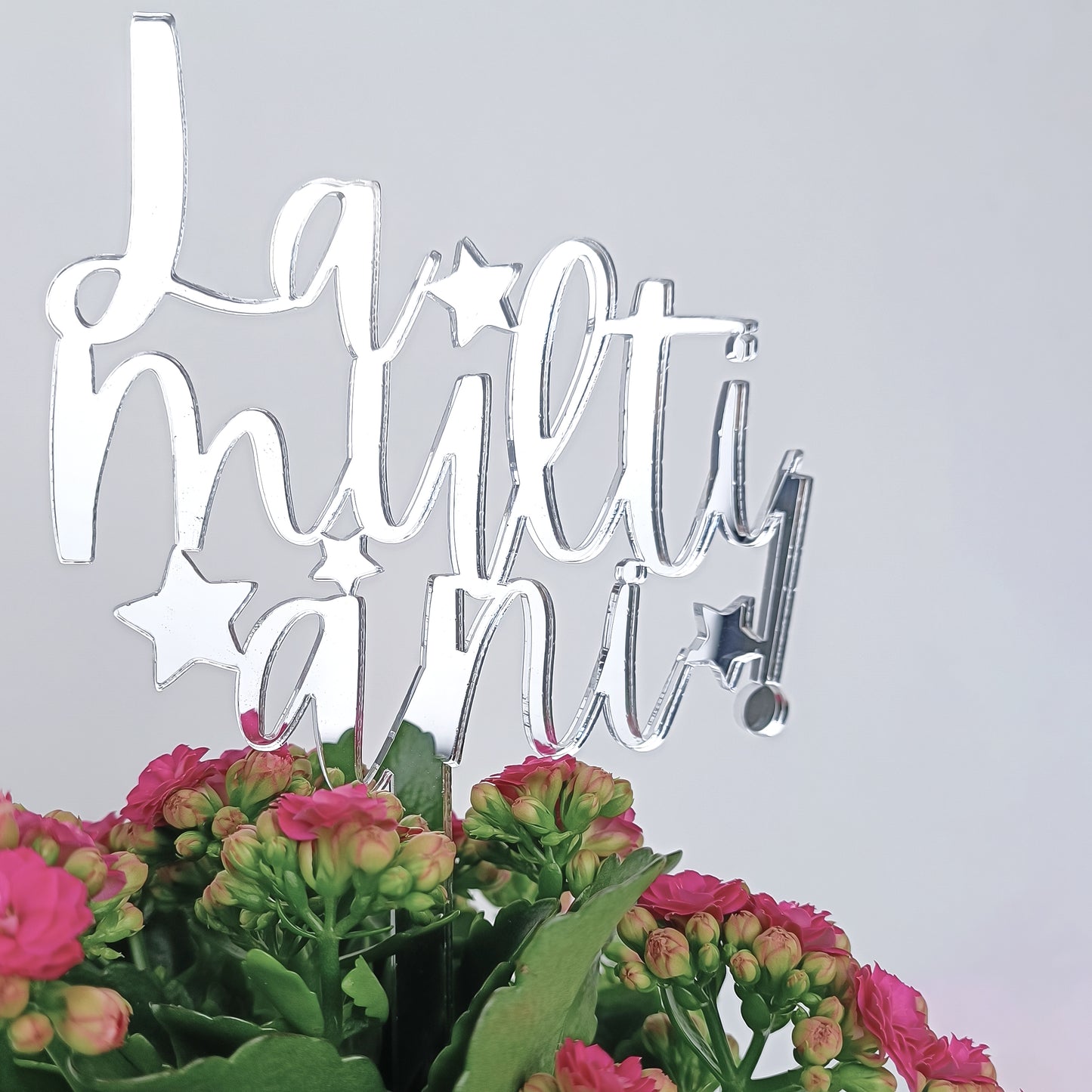 Topper Floral „La mulți ani!” cu Steluțe și Tijă Scurtă