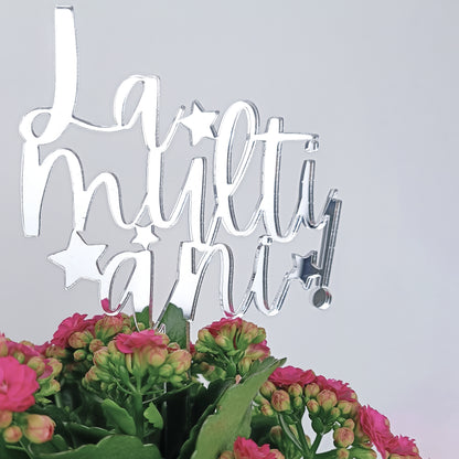 Topper Floral „La mulți ani!” cu Steluțe și Tijă Scurtă