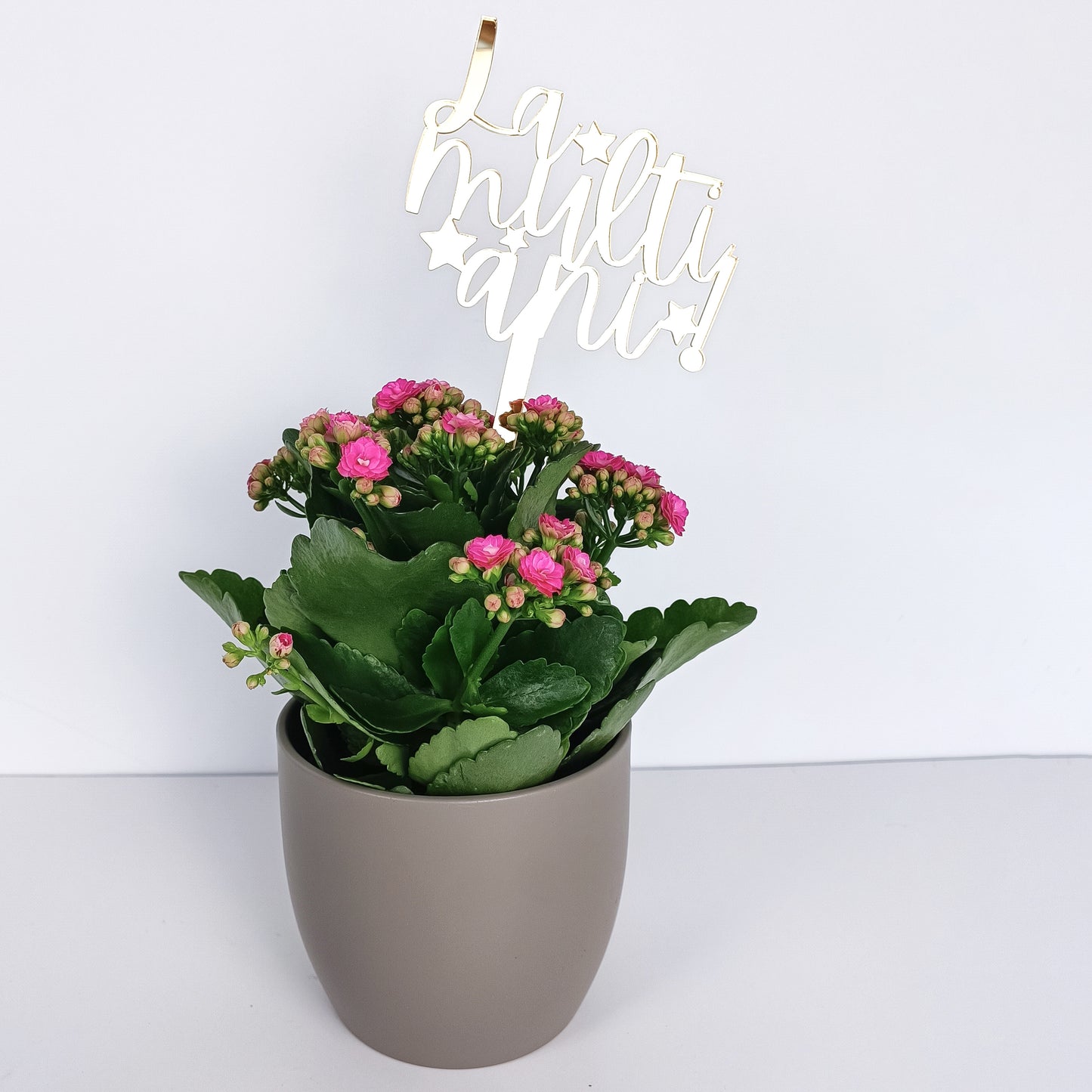 Topper Floral „La mulți ani!” cu Steluțe și Tijă Scurtă