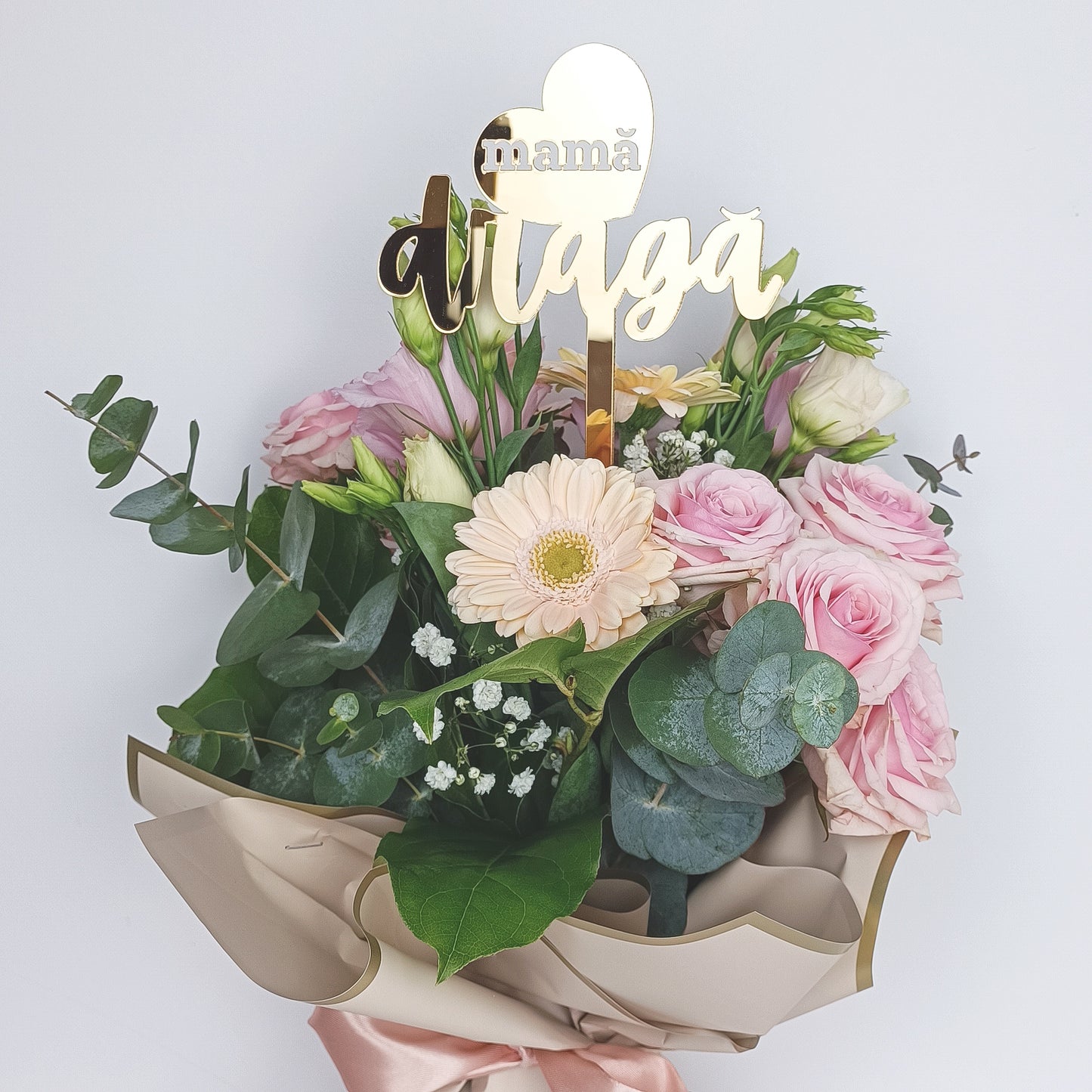 Topper Floral „Mamă Dragă” cu Inimă și Tijă Lungă