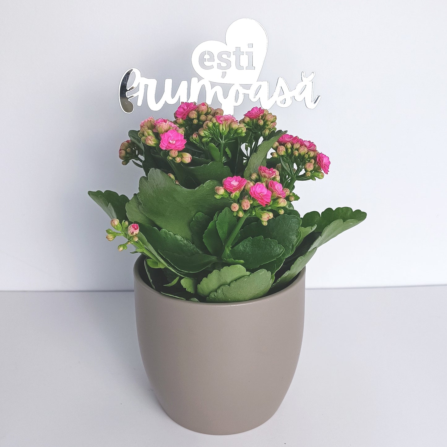 Topper Floral „Ești Frumoasă” cu Inimă și Tijă Scurtă