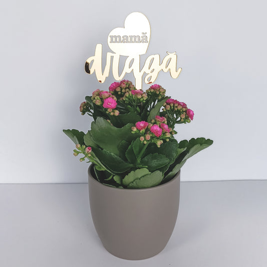 Topper Floral „Mamă Dragă” cu Inimă și Tijă Scurtă
