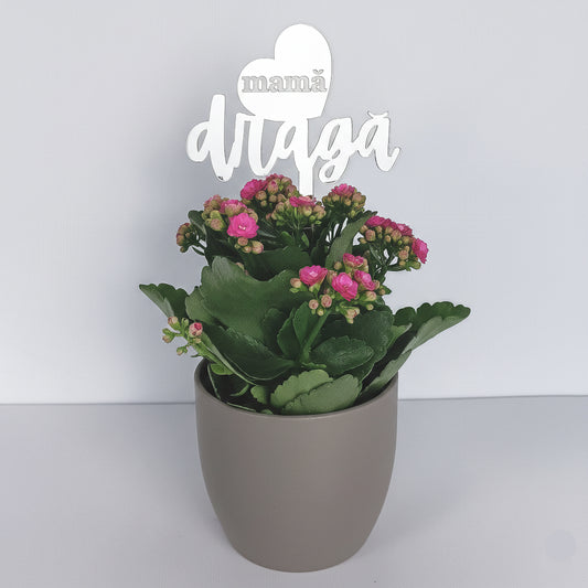 Topper Floral „Mamă Dragă” cu Inimă și Tijă Scurtă