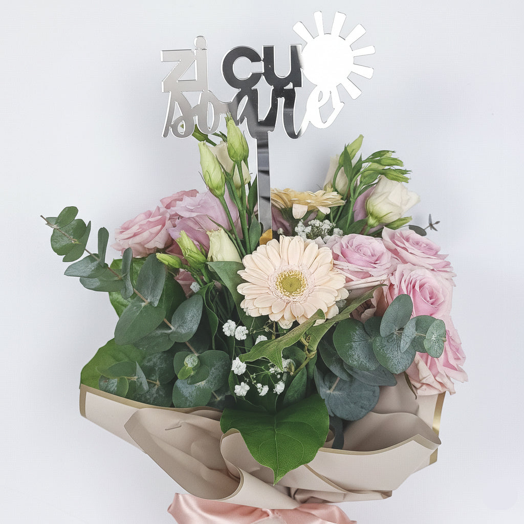 Topper Floral „Zi cu Soare” cu Simbol Soare și Tijă Lungă