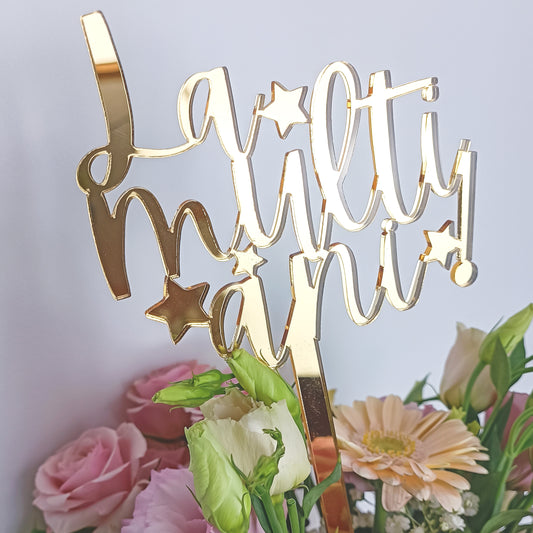 Topper Floral „La mulți ani!” cu Steluțe și Tijă Lungă