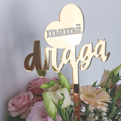 Topper Floral „Mamă Dragă” cu Inimă și Tijă Lungă